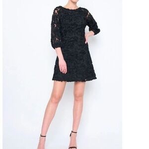 Flora Bea NYC Daniella Dress Black Rosette Applique Sheer Sleeve Dress Size L‎